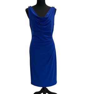 Lauren Ralph Lauren royal blue jersey cowl neck ruched bodycon cocktail dress 10